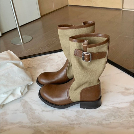 Damen Leder-Leinen Mid-Calf Stiefel mit Schnallenriemen Shop Nory