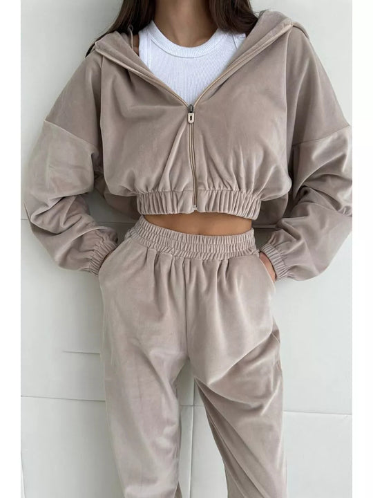 Damen Cropped Samt-Loungewear-Set mit kurzem Reißverschluss, elastischem Taillenbund und weiter Jogginghose Shop Nory