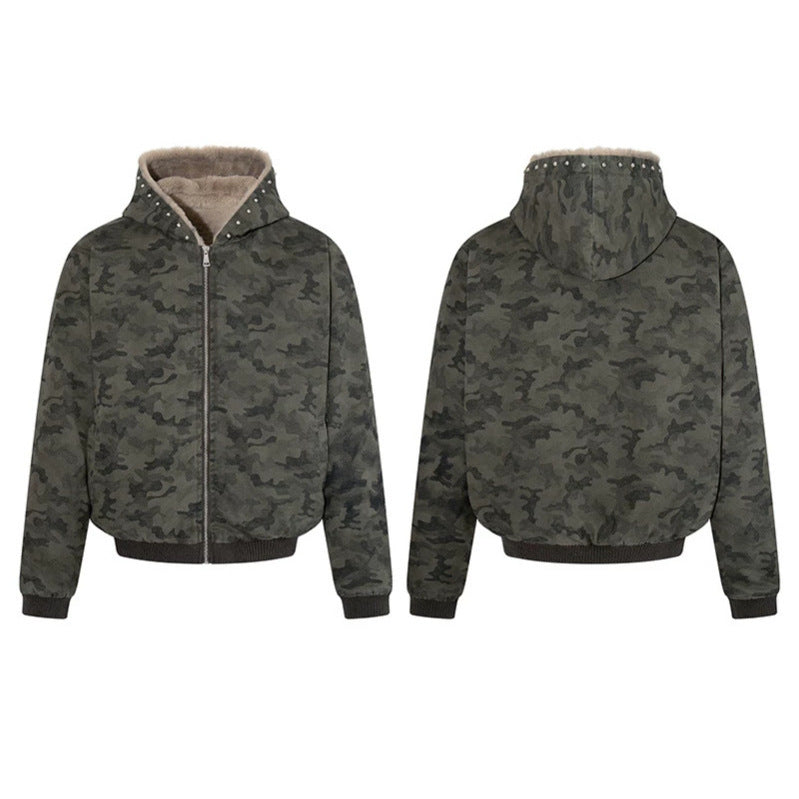 Damen gefütterte Camouflage-Bomberjacke mit Teddy-Innenfutter, Kapuze und Rippbündchen Shop Nory