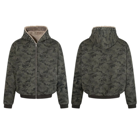 Damen gefütterte Camouflage-Bomberjacke mit Teddy-Innenfutter, Kapuze und Rippbündchen Shop Nory