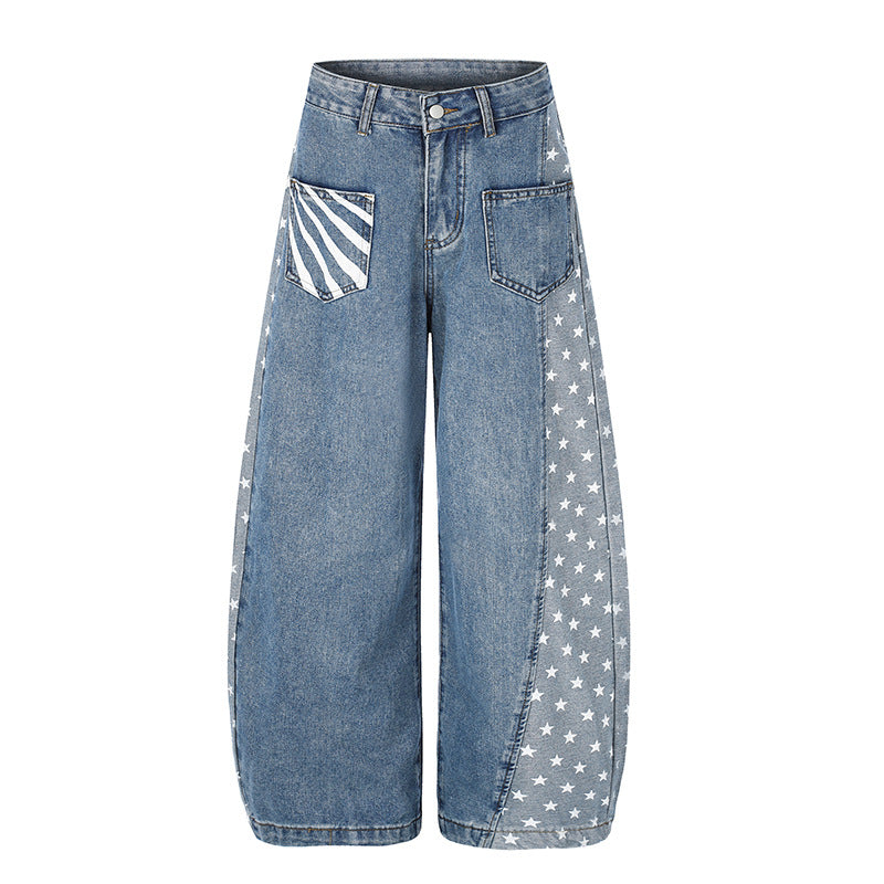Damen Weite Denim-Palazzohose mit Kontrastseiten, Stern-Print und aufgesetzten Taschen Shop Nory