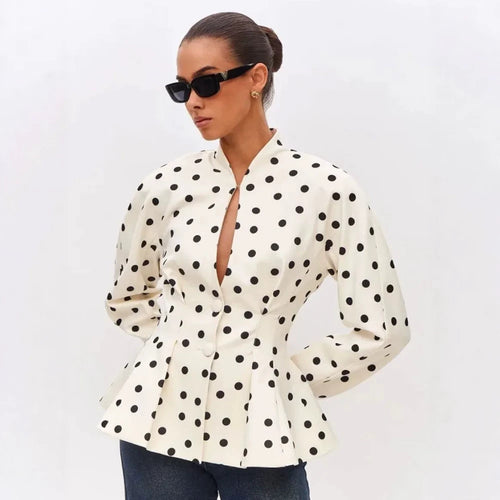 Damen Gepunktete taillierte Schößchen-Bluse mit Stehkragen und verdeckter Knopfleiste Shop Nory