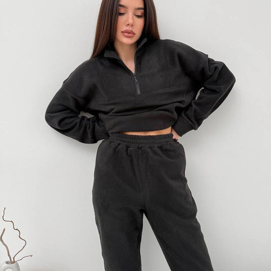 Damen gemütlicher Fleece-Zweiteiler mit halbem Reißverschluss, cropped Pullover und hochtaillierter Jogginghose mit elastischem Bund Shop Nory