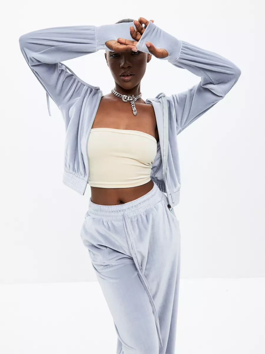 Damen samtiges Cropped-Kapuzen-Sweatset mit taillenhoher Jogginghose Shop Nory