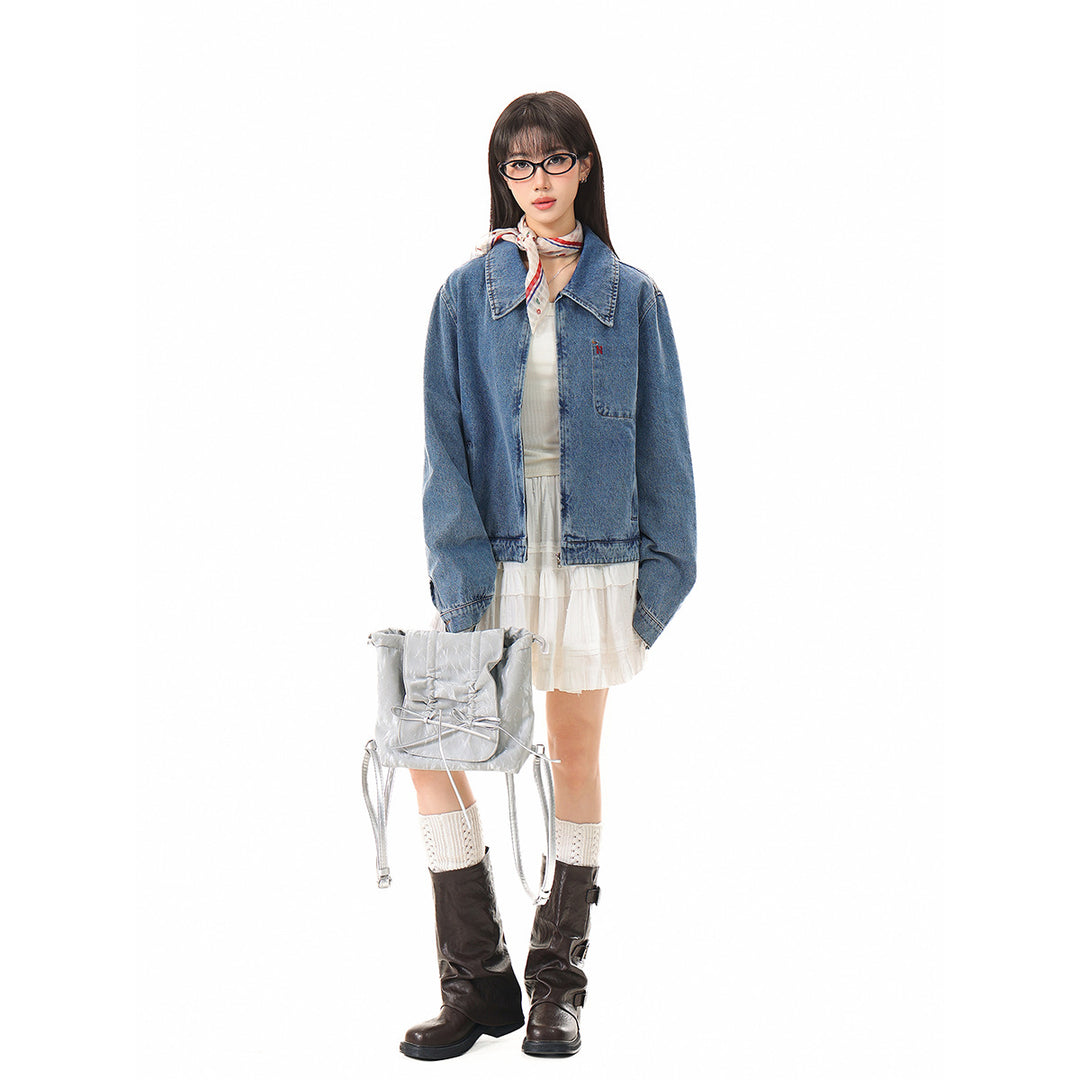 Damen Kurze Oversize-Denimjacke mit durchgehendem Reißverschluss und Brusttasche Shop Nory