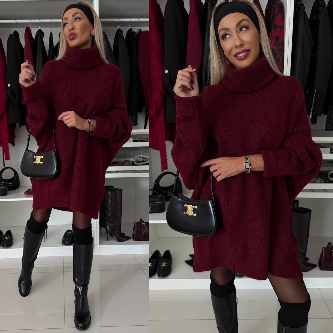 Damen oversized Rollkragen-Strickkleid mit weitem Schnitt, überschnittener Schulter und extraweichen Rippbündchen Shop Nory