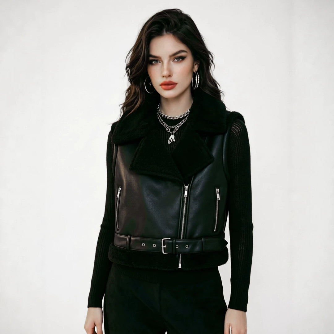 Damen Ärmellose Biker‑Weste aus Lammfelloptik mit Taillengürtel Shop Nory