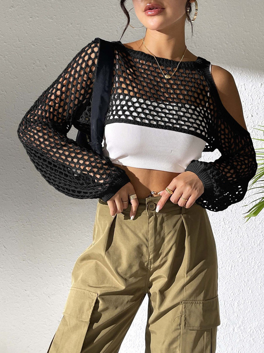 Damen gestricktes Netzoberteil mit offenen Schultern und modischem Design