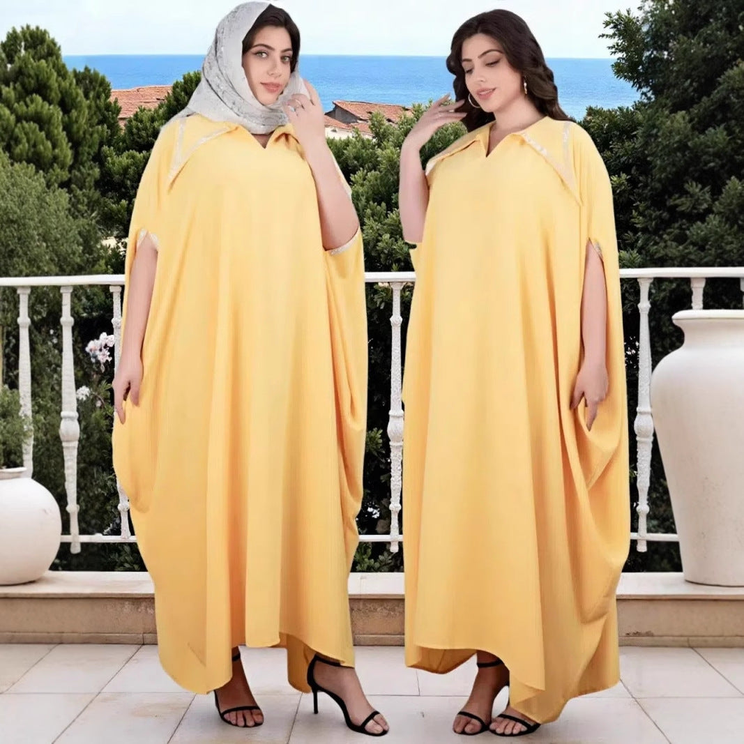 Damen Elegante locker fallende Kaftan-Maxikleid mit Schlitzärmeln und Kragen Shop Nory