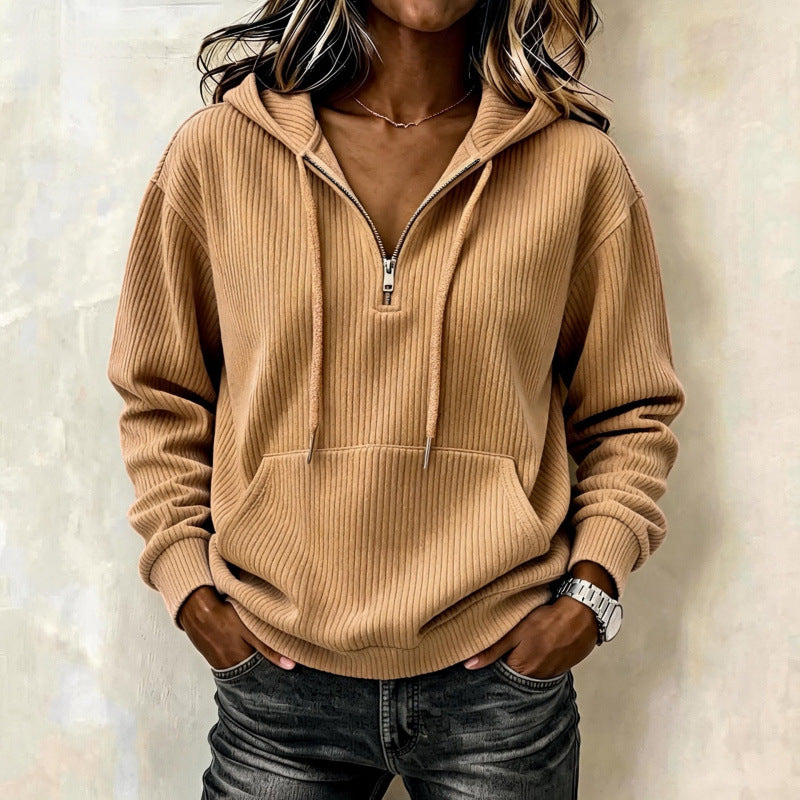 Damen lässiger Oversize Rippstrick-Kapuzenpullover mit halbem Reißverschluss Shop Nory