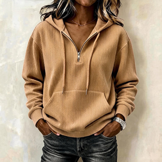 Damen lässiger Oversize Rippstrick-Kapuzenpullover mit halbem Reißverschluss Shop Nory