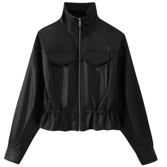 Damen gekürzte Kunstlederjacke mit Stehkragen, Reißverschluss und taillierendem Smok Shop Nory