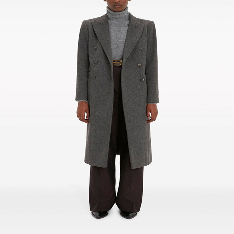 Damen Doppelreihiger Longcoat im Tailoring‑Look mit schmaler Silhouette und markanter Schulter Shop Nory