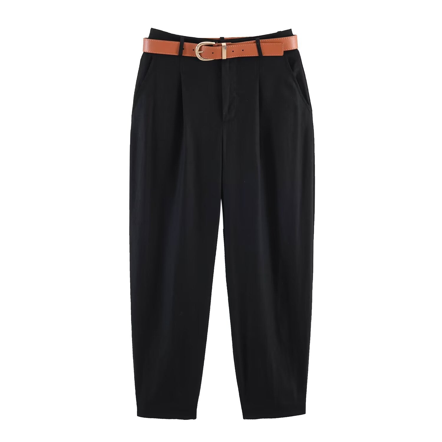 Damen hochwertige, ausgestellte Leinenhose mit modischem Gürtel