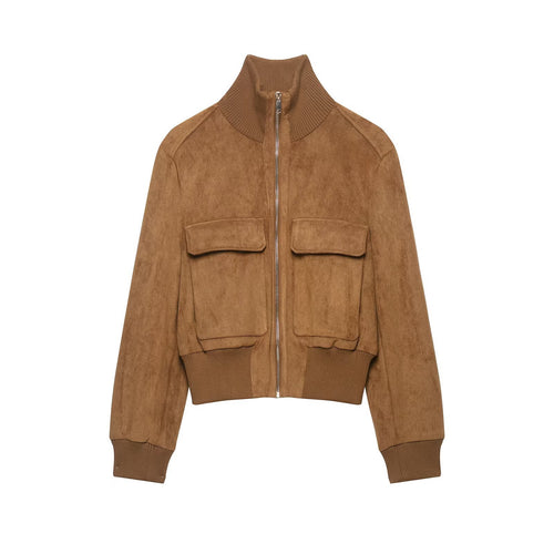 Damen kurzgeschnittene Wildleder-Bomberjacke mit hohem Rippkragen und Pattentaschen Shop Nory