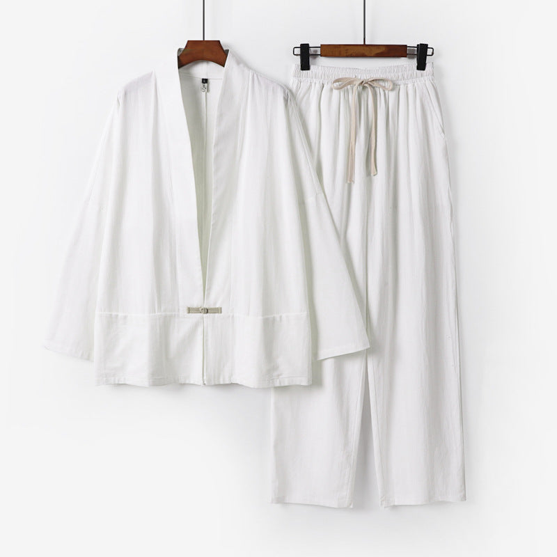 Herren Zen-inspiriertes Kimono-Loungewear-Set aus leichter Baumwollmischung mit offenem Schnitt und Kordelbundhose Shop Nory
