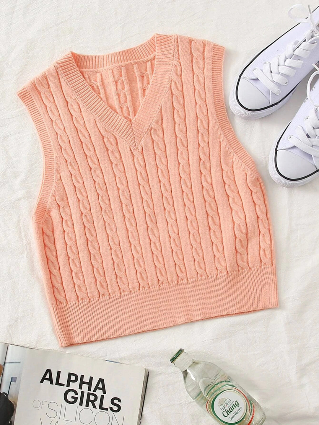Damen Klassische Zopfmuster-Strickweste mit schmaler Passform und V-Ausschnitt Shop Nory