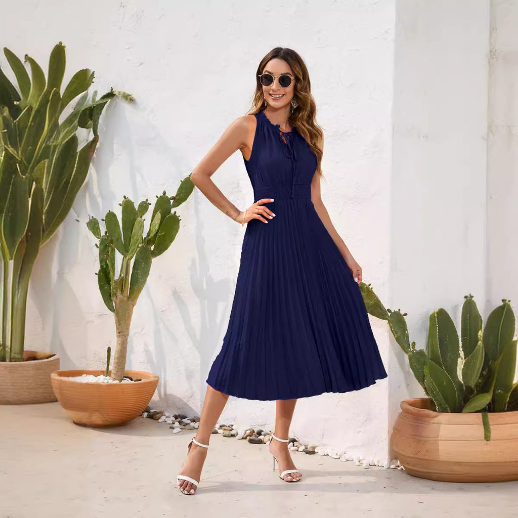 Damen Plissiertes Midikleid mit elegantem Schlitz und verstellbarem Kragen Shopnory