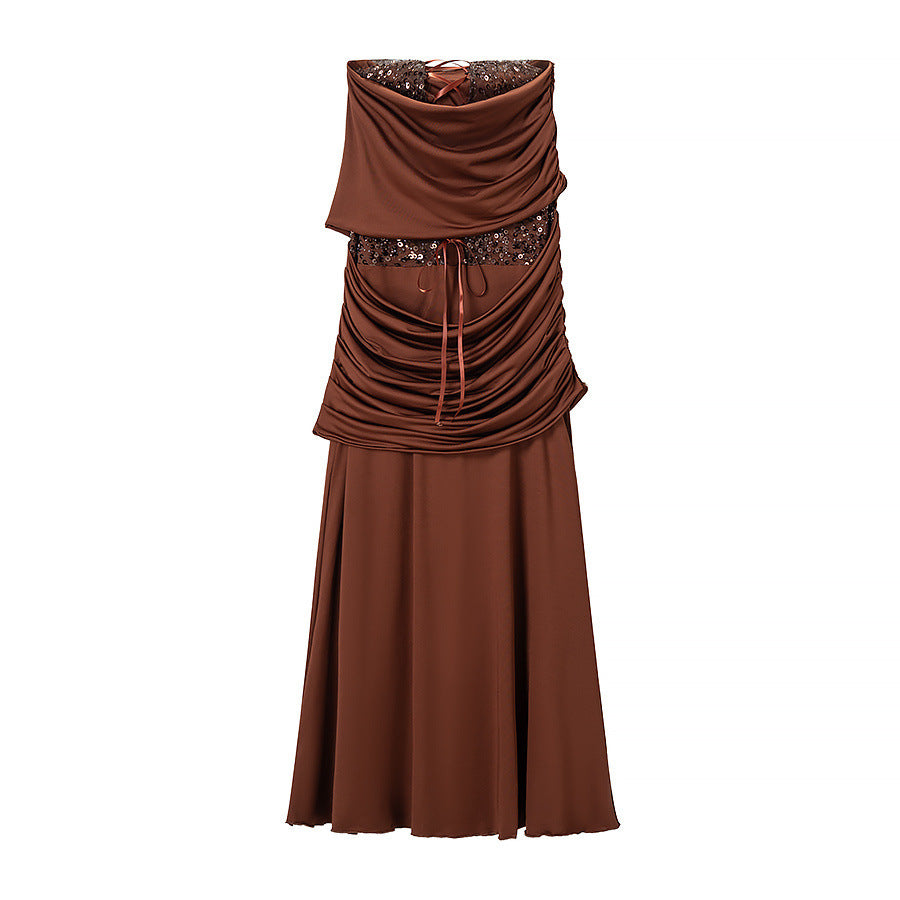Damen Abendkleid mit schulterfreiem Drape‑Oberteil und Pailletten‑Einsatz Shop Nory