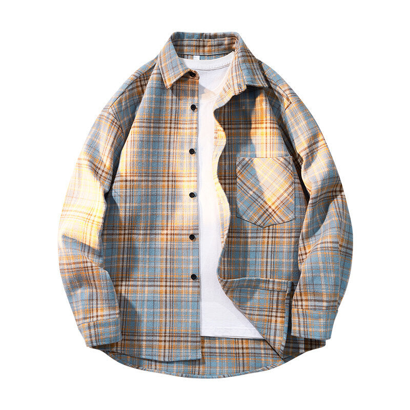 Herren kariertes Oversized Flanellhemd mit aufgesetzter Brusttasche, Rundem Saum und durchgeknöpfter Vorderseite Shop Nory