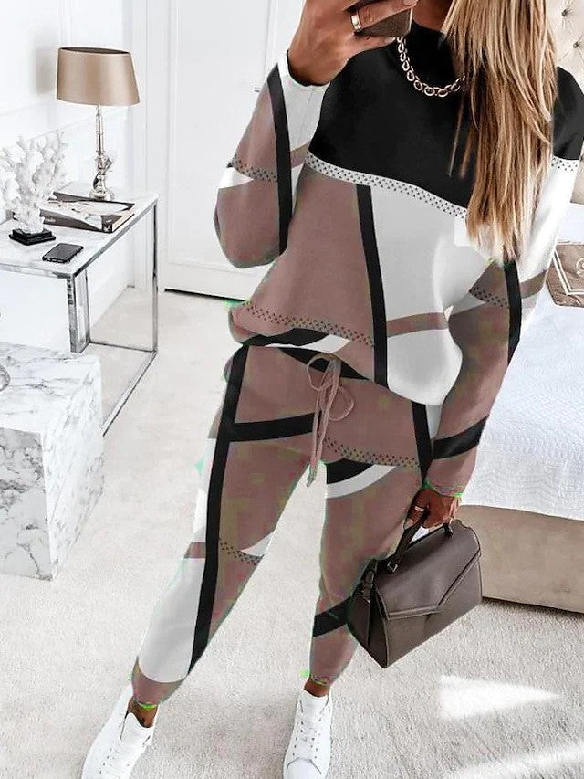 Damen Gemustertes Lounge-Set aus Feinstrick mit Kordelzug, Raglanärmeln und tapered Hose Shop Nory
