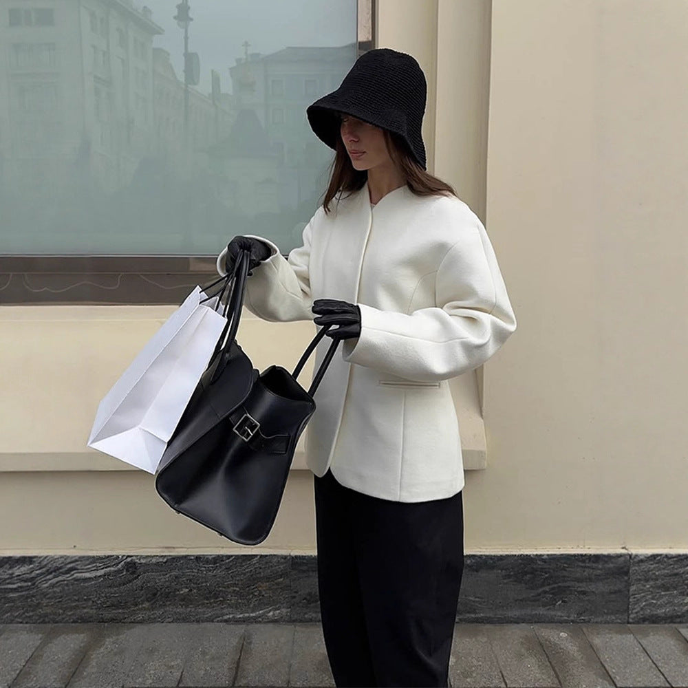 Damen Taillierter kragenloser Wollmix-Kurzmantel mit klarer Silhouette Shop Nory