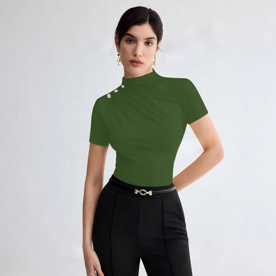 Damen elegantes Oberteil mit dekorativen Knopfdetails und modernem Stehkragen