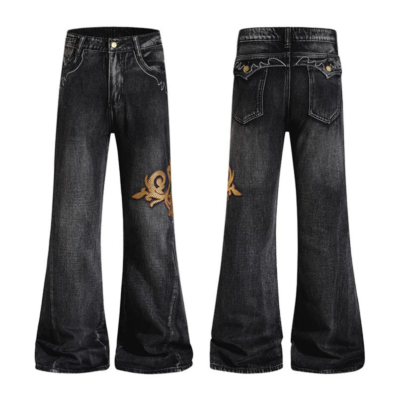 Damen Weite High‑Waist Schlaghose aus Denim mit barocker Stickerei Shop Nory