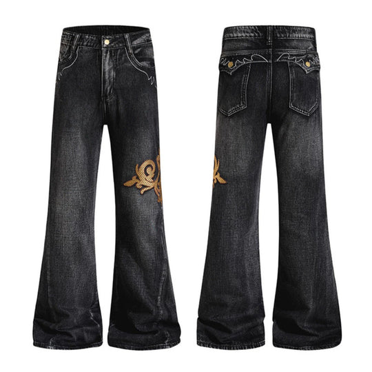 Damen Weite High‑Waist Schlaghose aus Denim mit barocker Stickerei Shop Nory