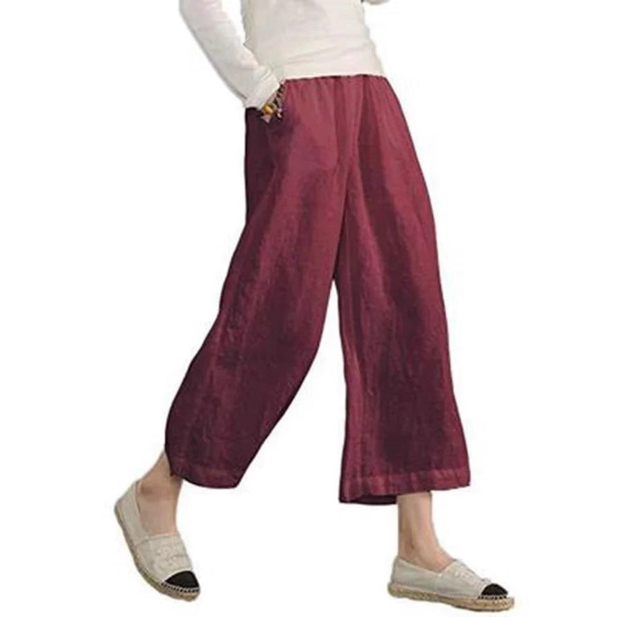 Damen weite Leinenhose mit seitlichen Taschen und elastischem Bund