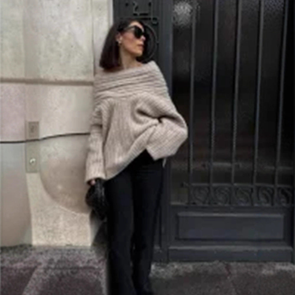 Damen Oversized Grobstrick-Pullover mit Kapuze, tiefem Schulterfall und strukturierter Rippoptik Shop Nory