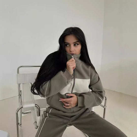 Damen luxuriöser Freizeit-Jogginganzug mit Reißverschluss und Kontrastpaneelen Shop Nory
