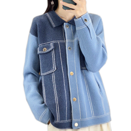 Damen Oversize-Strickjacke im Jeansjacken‑Look mit kontrastierenden Nahtdetails und Brusttasche Shop Nory