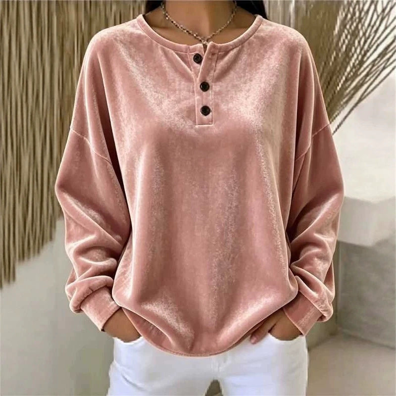 Damen Lässiges Oversize Samt-Henleyshirt mit Knopfleiste Shop Nory