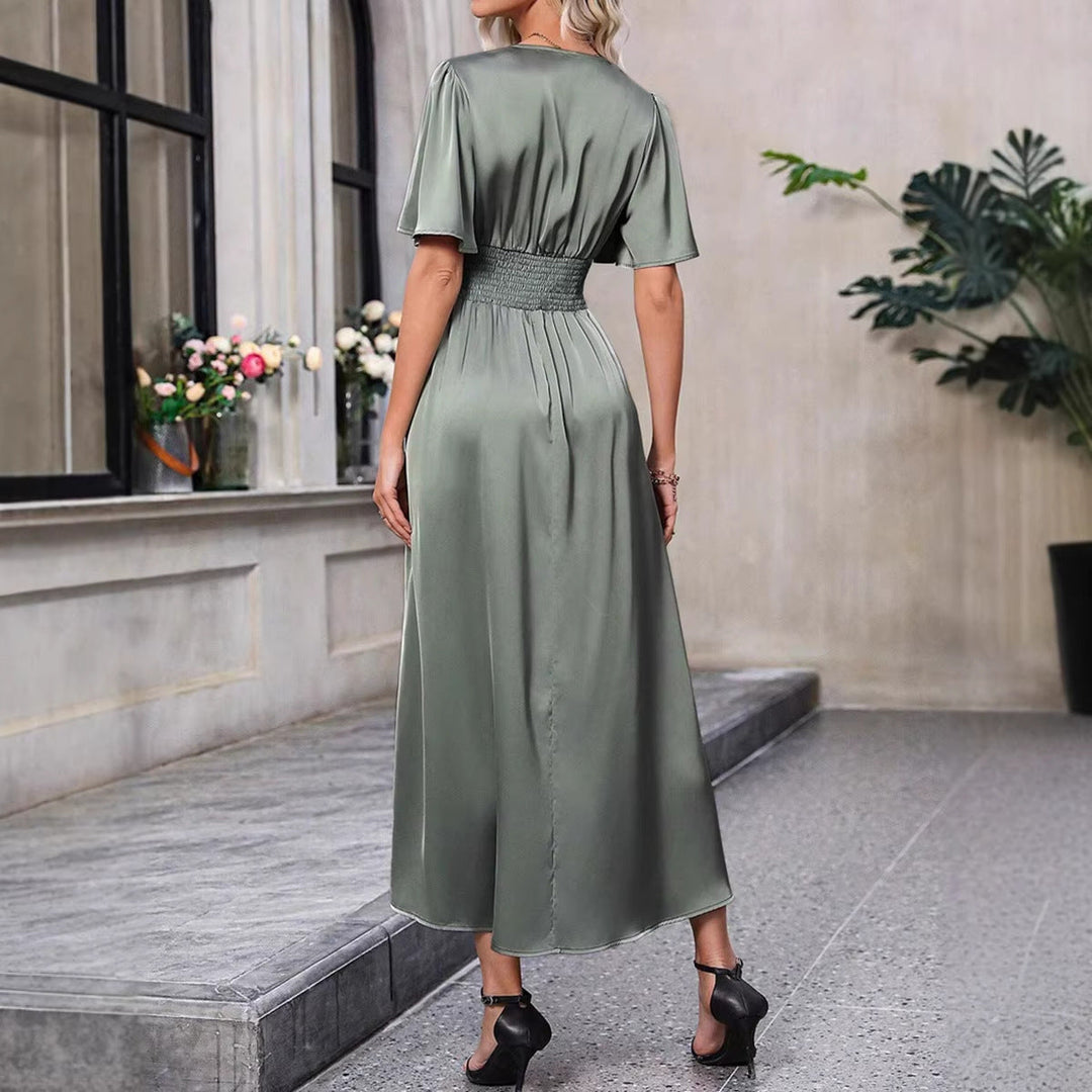 Damen Maxikleid mit elegantem V-Ausschnitt und fließenden Ärmeln Shopnory