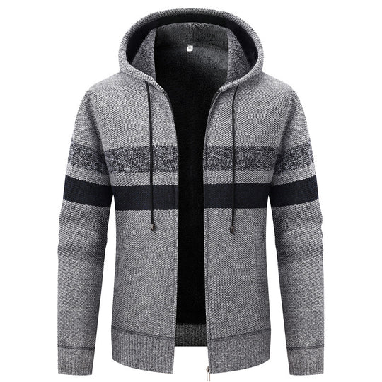 Herren Strick-Ziphoodie mit Teddyfutter, durchgehendem Reißverschluss und Blockstreifen Shop Nory