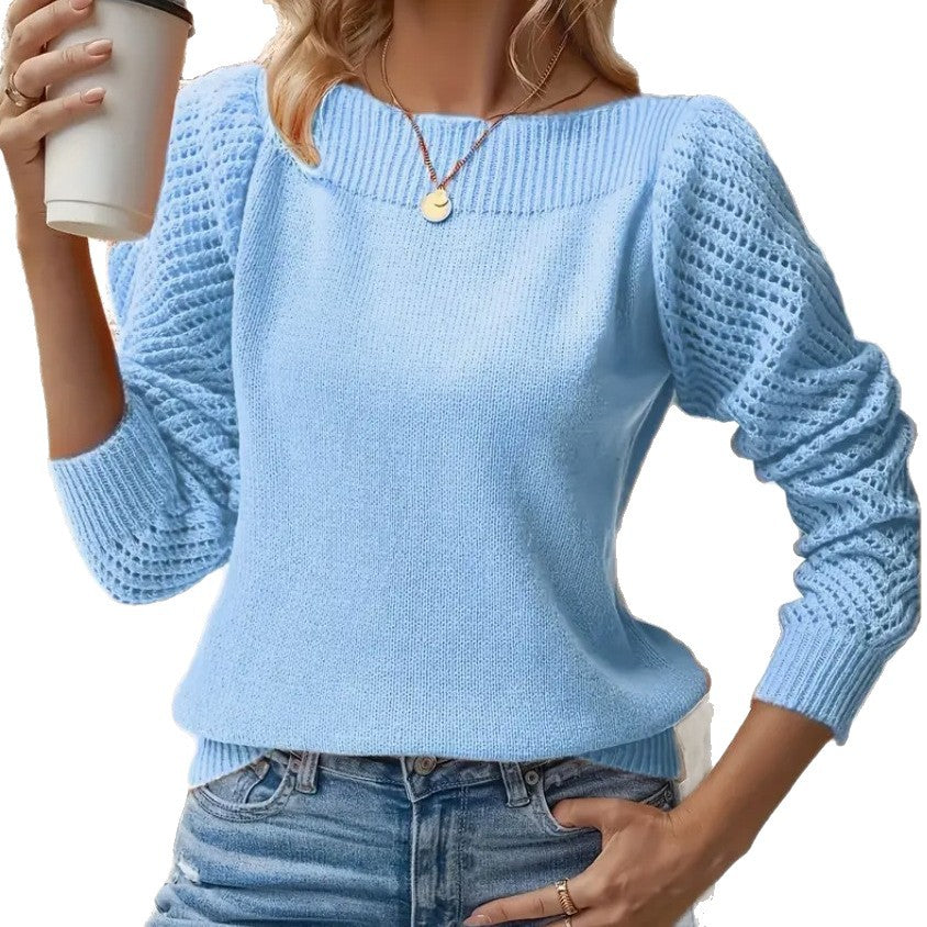 Damen nan feiner Strickpullover mit Ajour- Puffärmeln und U-Boot-Ausschnitt Shop Nory