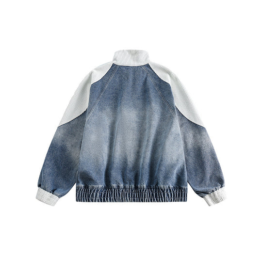 Unisex Boxy-Jeansjacke im Patchwork-Look mit Stehkragen und Reißverschluss Shop Nory