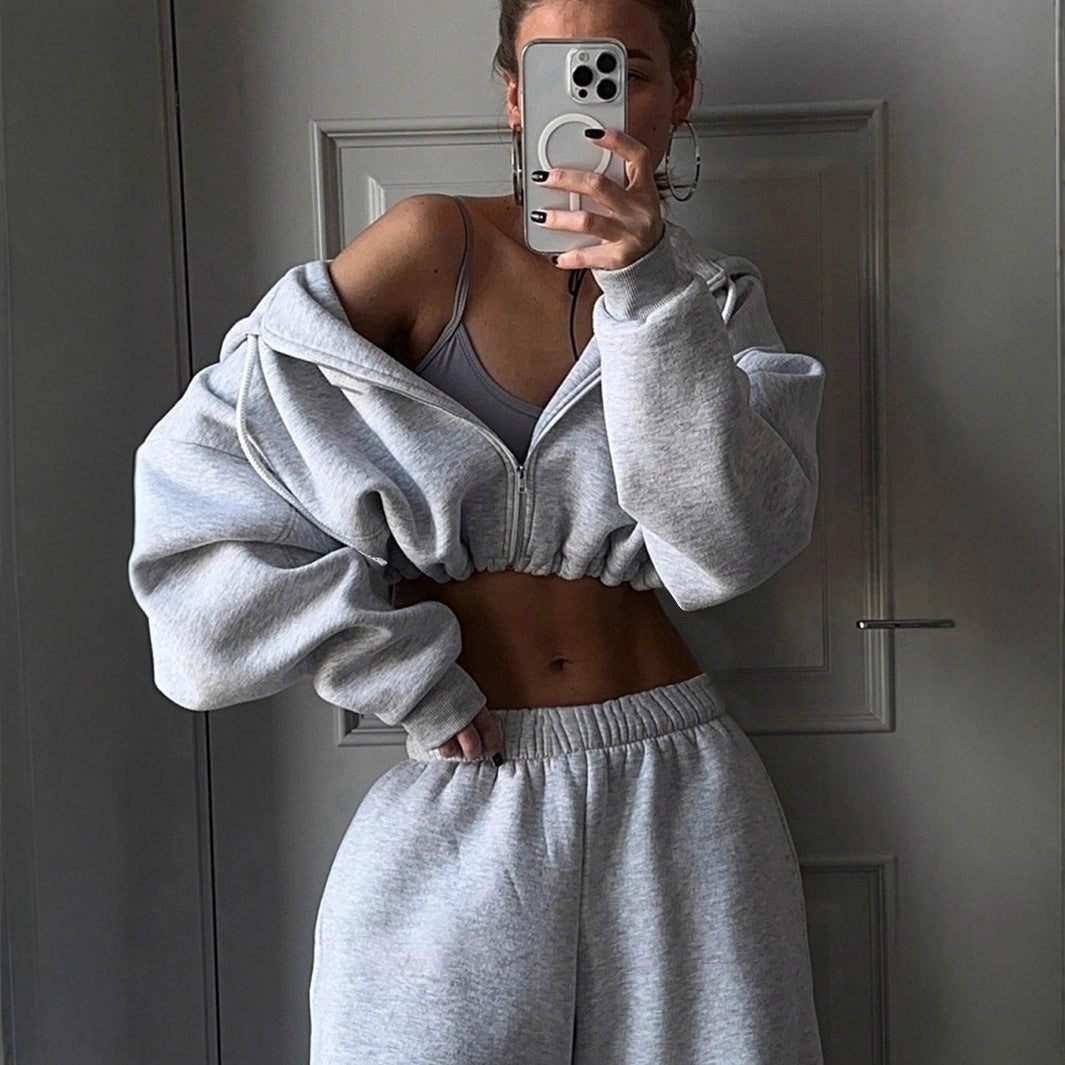 Damen lässiges Cropped Sweat-Set mit voluminösen Ärmeln und weitem Schnitt
