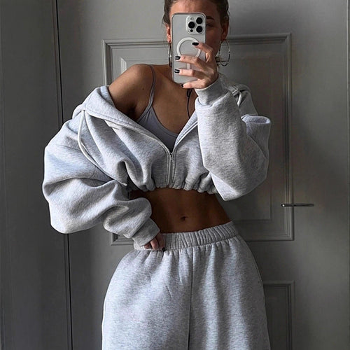 Damen lässiges Cropped Sweat-Set mit voluminösen Ärmeln und weitem Schnitt