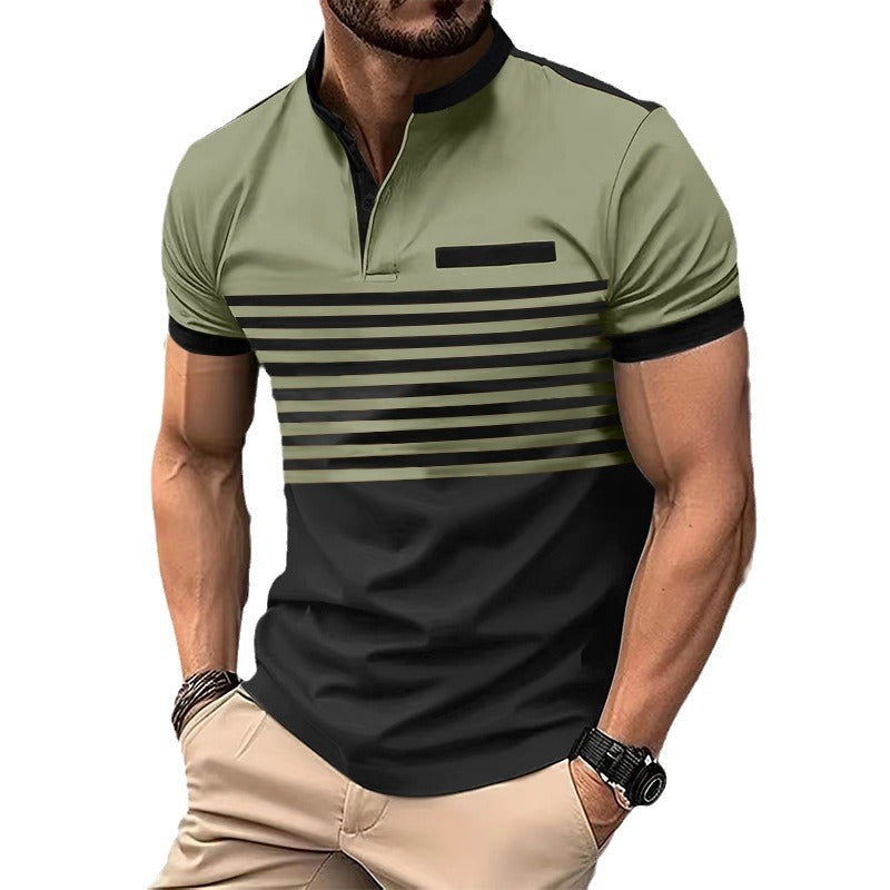 Herren nan kurzärmeliges Streifen-Kurzarmshirt mit Knopfleiste, Stehkragen und Brustpaspel Shopnory