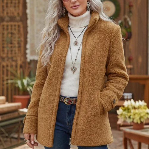 Damen Kuscheliger Teddy-Cardigan-Mantel mit Stehkragen, verdecktem Reißverschluss und Zierknopfmanschetten Shop Nory