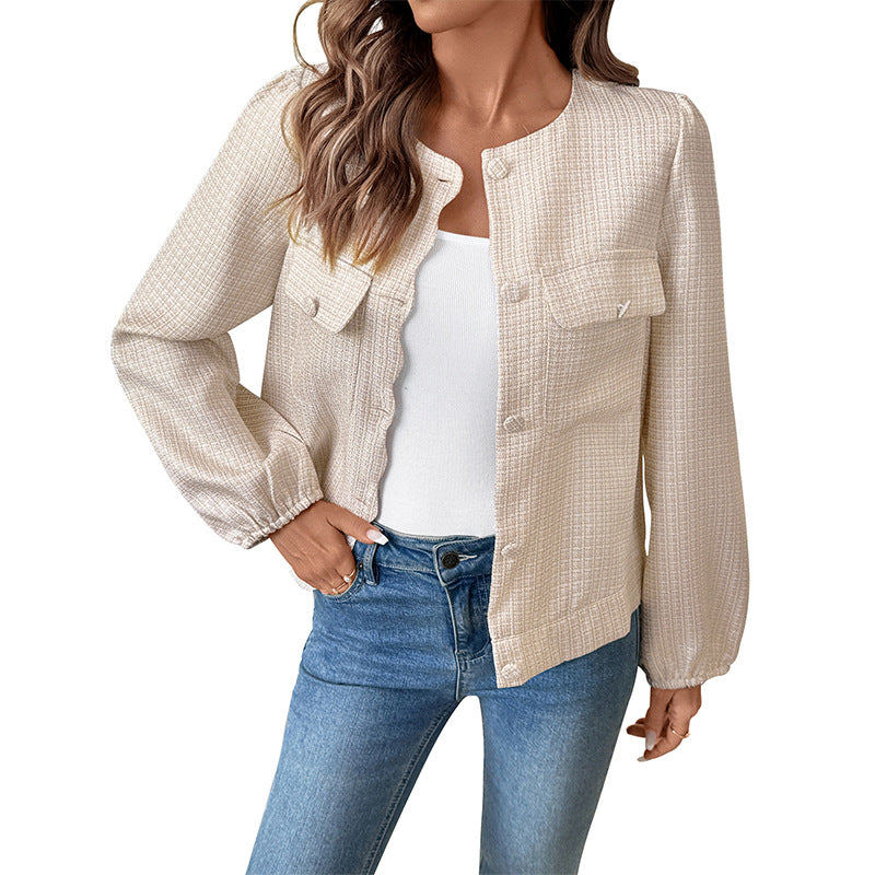 Damen Kurzjacke aus Bouclé‑Struktur mit Rundhals, Pattentaschen & elastischen Bündchen Shop Nory