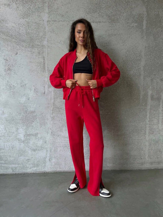 Damen weiches Velours-Zweiteiler mit kurzem Reißverschluss-Bomber und High-Waist-Hose mit Bein-Schlitz Shop Nory