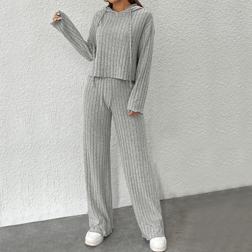 Damen geripptes Lounge-Set mit Kapuzenpullover und weiter Highwaist-Hose Shop Nory