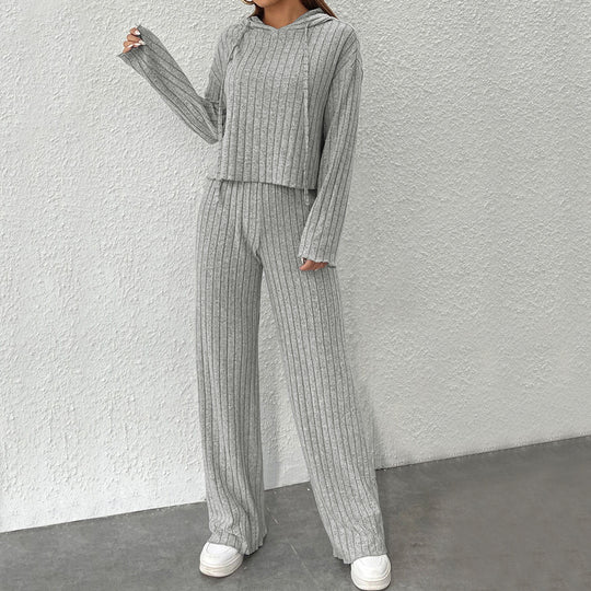 Damen geripptes Lounge-Set mit Kapuzenpullover und weiter Highwaist-Hose Shop Nory