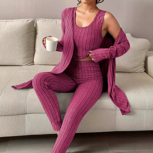 Damen Geripptes Lounge-Set mit Cropped-Top, High-Waist-Leggings und Longcardigan Shop Nory