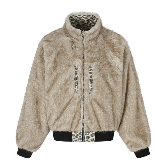 Damen gesteppte Bomberjacke mit Kunstfell-Stehkragen, Allover-Leo-Print und Rippbündchen Shop Nory