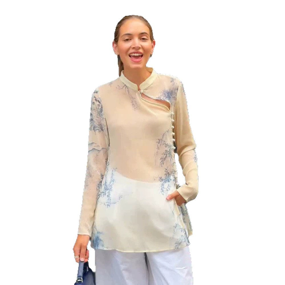 Damen Transparente Chiffonbluse mit Mandarinkragen, asymmetrischer Knopfleiste & floralem Print Shop Nory
