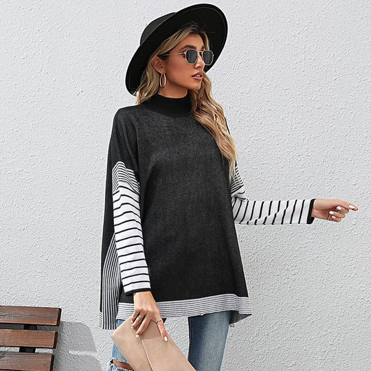 Damen Oversize Strickpullover mit Stehkragen und gestreiften Raglanärmeln Shop Nory